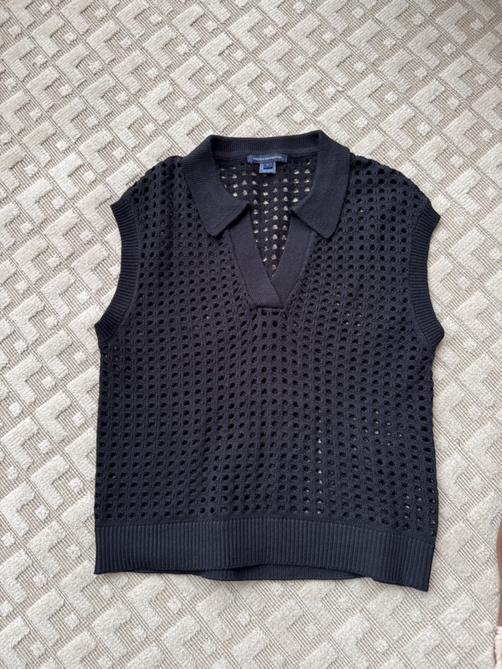 French Connection Black Open-Knit Polo-Style Sweater Vest